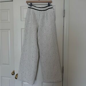 Commense White Tweed Wide-Leg Pants with Black Trim